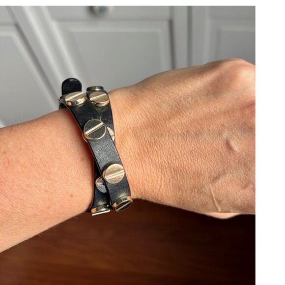 Faux Leather Black Bracelet with Gold tone Screw details and Buckle Closure - Picture 1 of 7